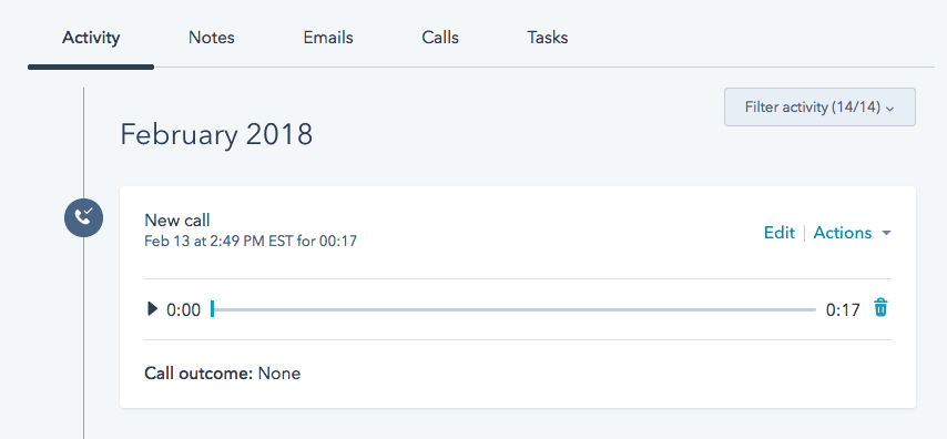 A HubSpot engagement showing a logged call with recording and duration