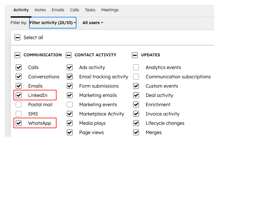 HubSpot Filter Activity panel with LinkedIn and WhatsApp checkboxes highlighted