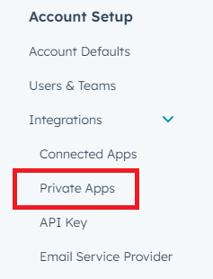 HubSpot sidebar showing Integrations > Private Apps
