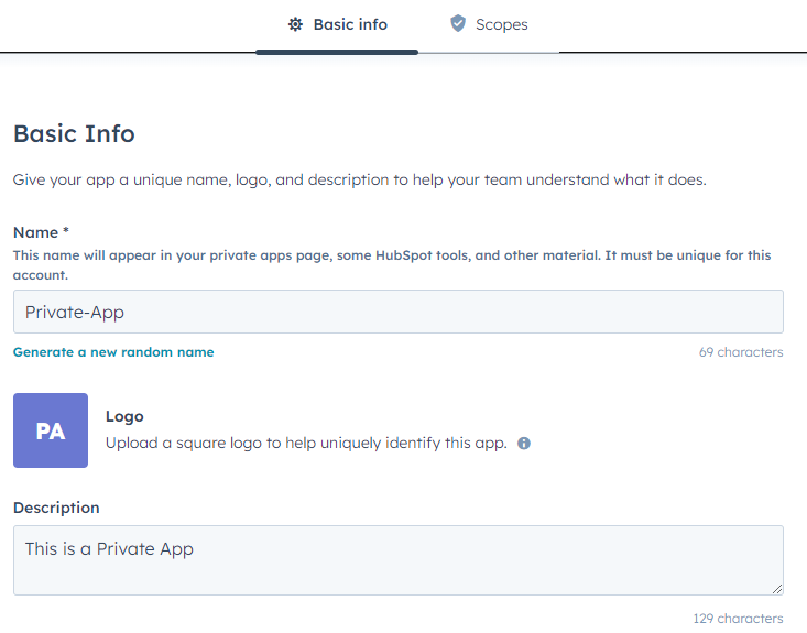 Private App basic info form with name, logo and description fields