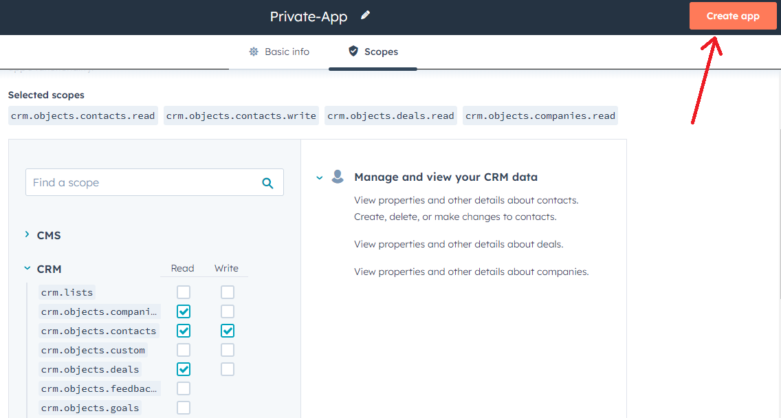 CRM scopes with contacts read/write, deals read, and companies read enabled
