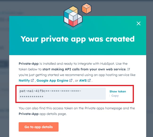 Private app created confirmation showing the access token